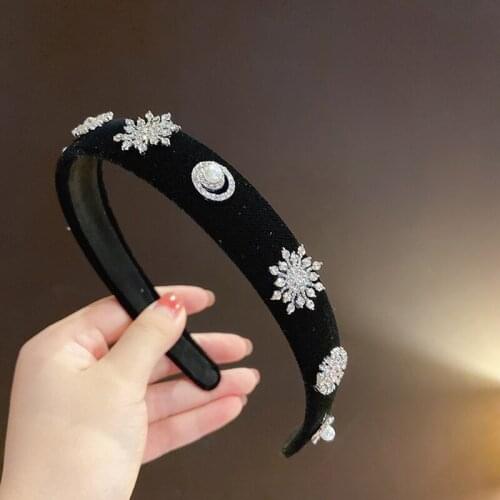Vintage Black Velvet Rhinestones Snowflake Hair Hoop Wide Hair Band 2021 Hair Bands Hair Accessories Headband Ladies Hoop