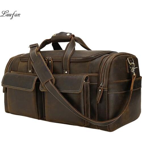 Vintage Genuine Leather Men Travel Bag 17" Laptop Handbag Soft Cowhide Duffel Bag For Male Extra Large Shoulder Bag Weekend bag