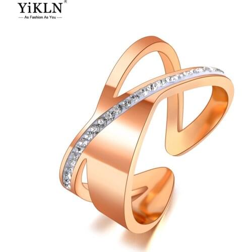 YiKLN Trendy Stainless Steel X Cross Shape Party Rings Rose Gold CZ Crystal Wedding Ring Jewelry For Women Кольца YR20048