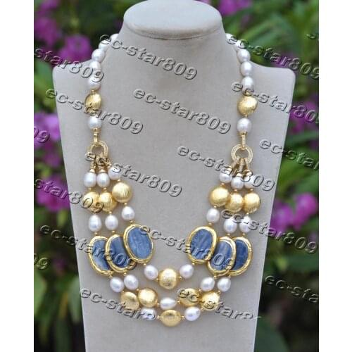 Z11425 3Row 22" 29mm Blue-Crystal Gold-plating Coin White Rice Pearl Necklace CZ