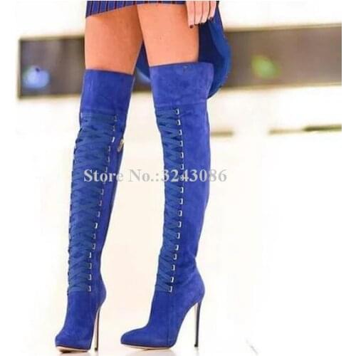 Blue Suede Cross-tied Woman Over the Knee Boots Sexy Pointed Toe Stiletto Heel Long Boots Fashion Winter Female Shoes Dropship
