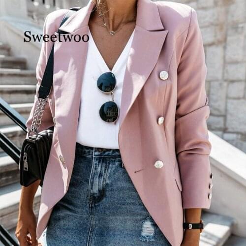 Stand Collar Long Sleeve Womens Blazer Coat Autumn Solid Double Breasted Ladies Coats 2020 Fashion Slim Outwear For Female
