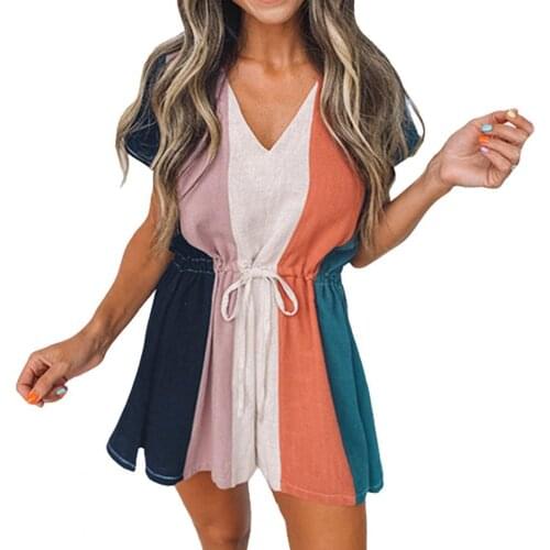 Fashion Summer Women Short Sleeves Shorts Jumpsuit Stripe Contrast Color Casual V Neck Drawstring Romper for Ladies Beach Wear