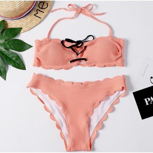 Womens fan-shaped texture mid waist bikini suit two piece beach swimwear Halter tie swimwear LACE BIKINI swimwear 2019