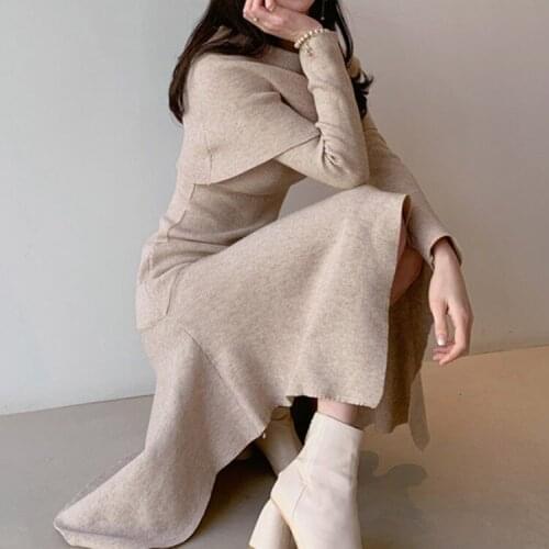 New 2021 temperament falbala collar cultivate ones morality knitting render a word skirt sweater dress