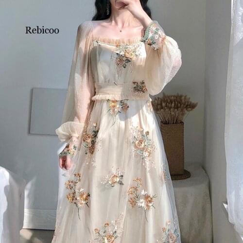 Rebicoo French Floral Embroidery Party Dress Mesh Dress Boho Sweet Long Dress Retro Spring Slash Neck Lantern Sleeve Lace Women