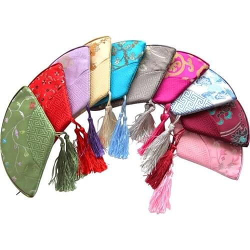 10pcs Fan shape Zipper Coin Purse Tassel Christmas Gift Bag Wedding Party Favor Chinese Silk Women Travel Makeup Storage Pouches