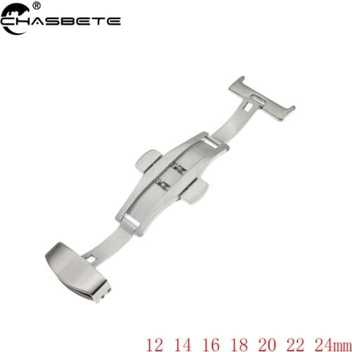 12 14 16 18 20 22 24mm Double Push Button Polished Hidden Clasp Stainless Steel Butterfly Deployment Buckle Wristband Silver