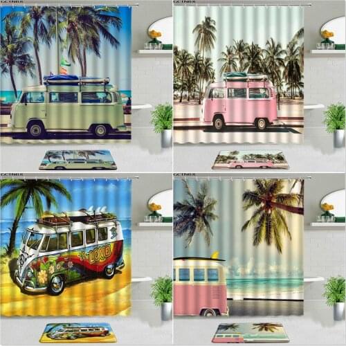 2pcs Bus Palm Tree Beach Shower Curtains Set With Bath Mat Ocean Landscape Printed Bathroom Decor Bathtub Screen Non-slip Carpet