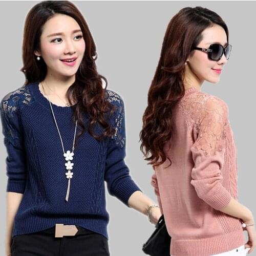 2019 New Spring Autumn womens Fashion Sweater Long-Sleeved Lace Stitching Casual Hollow Pullovers Sweater Female Knitwear W370