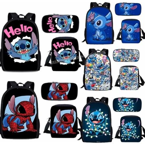 Anime Stitch Backpack Set School Bag for Teenager Girl Women Cartoon Printed Bookbag Student Kawaii Rucksack Shoulder Pencil Bag