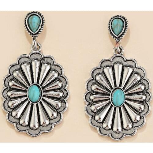 Free Shipping Retro Silver Metalwork Embossment Flower Teardrop Turquoise Oval Drop Earrings for Women Vintage Bohemian Jewelry