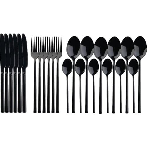 JANKNG 24Pcs Black Cutlery Set Dinnerware Set Stainless Steel Silverware Knife Fork Spoon Flatware Dinner Set Gold Tableware Set