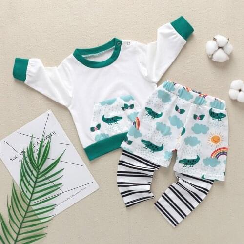 NEW Newborn Baby Boys Girls Romper Long Sleeve Shirt + Pants Striped Dinosaur Printed Long Sleeve Infant Todder Kids Clothes