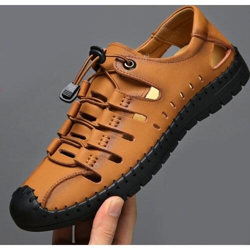 Fashion elastic band sandals mens shoes summer hollow breathable hommes chaussures genuine leather sewing shoes men sandals