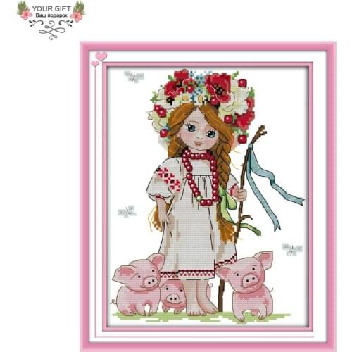 Your Gift RA108 14CT 11CT Counted and Stamped Home Decor Girl And Piglets Needlework Needlepoint Cross Stitch kits