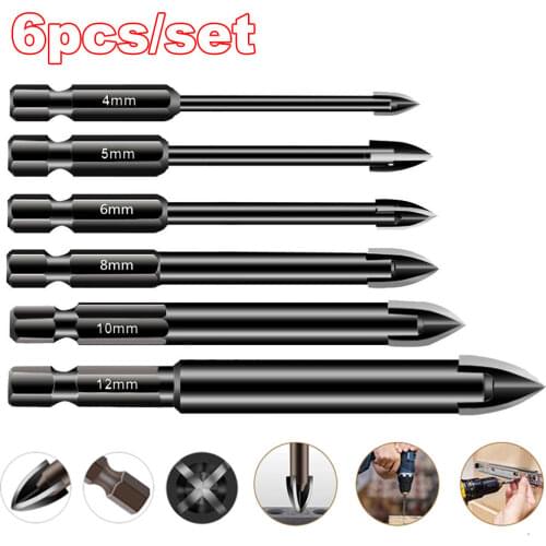 JUSTINLAU 6Pcs/set Tungsten Steel Glass Drill Bit Set Alloy Carbide Point 4 Cutting Edges Tile Glass Cross Spear Head Drill Bits