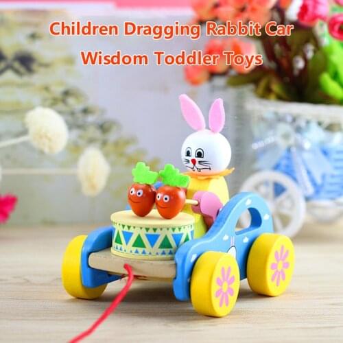 New Baby Wooden Pull Toy Creative Cute Cartoon Rooster Frog Rabbit Bear Drag Car Animal Pull Rope Toy Car Baby Children Toy Gift