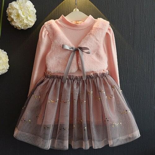 Autumn Girls Fashion Dress Long Sleeve Waistcoat Fur Fake Two Pieces Of Kids Clothes Sequined Dress Princess Childrens Wear
