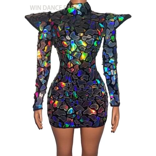 Singer Sequins Costume Mirror Dresses For Women Multicolor Long Sleeve Prom Birthday Party Outfits Nightclub Sexy Stage Wear