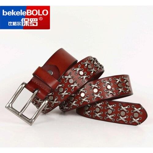 100% cow leather buckle belt.Free Shipping,Top Natural New brand genuine leather punk rivet belts,mens metal motor biker belt