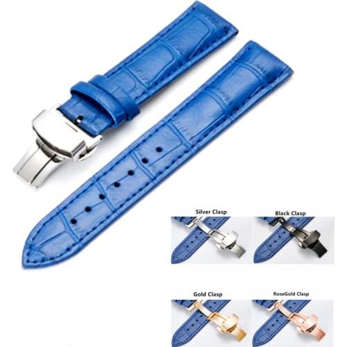 Handmade 14 15 16 17 18 19 20mm Genuine Leather Watch Band Replace Butterfly Folding Clasp Buckle Blue Strap Watchbands And Tool