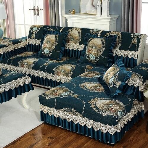 European Luxury Chenille Sofa Cover Dark Green Sofa Towel Cushion Pillow Case Exquisite Jacquard Lace Combination Sofa Set A1