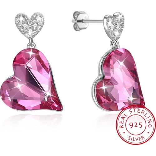 LEKANI Heart Pink/Purple Crystal Stud Earring for Women S925 Sterling Silver Girls Fine Jewelry Fashion