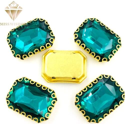 8X10/10X14/13x18mm sew on rhinestones Malachite green Rectangle gold base with hole glass crystal rhinestones Diy accessories