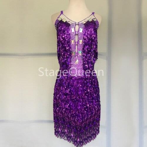 Rhinestones Latin Dance Dress Women Cha Cha Rumba Samba Tango Ballroom Dance Skirt Sexy Fringe Latin Dancewear Competition Girls