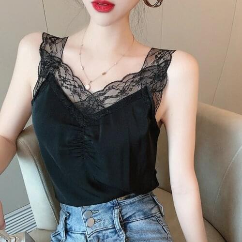 Backless Black Lace Hollow Out Sexy Club Tank Tops Women Clothes 2021 V-neck Chiffon White Camisole Summer Patchwork Top Femme