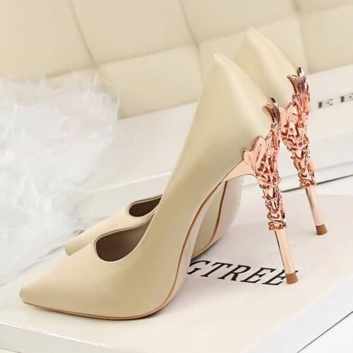 10cm Metal Carved Wedding Bridal High Heels Solid Silk Shoes Pointed Toe Shallow Women Party Pumps Shoes Lady Elegant High Heels