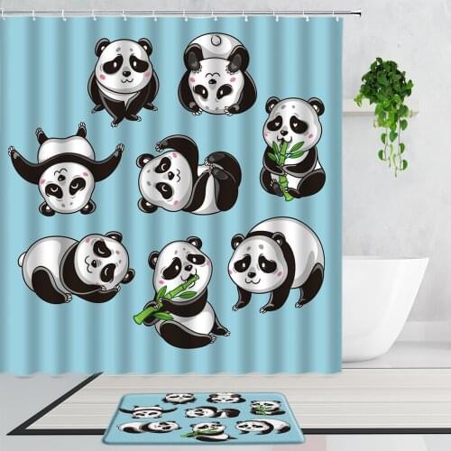 Cute Cartoon Animal Shower Curtains Funny Panda Eating Bamboo Children Bathroom Decoration Curtain Set Non-Slip Bath Mats Carpet