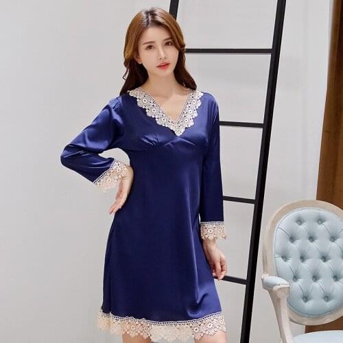Lady V-Neck Lace Nightdress Soft Intimate Lingerie Sleepwear Casual Nightgown Bathrobe Gown Silky Satin Home Clothes Nightwear