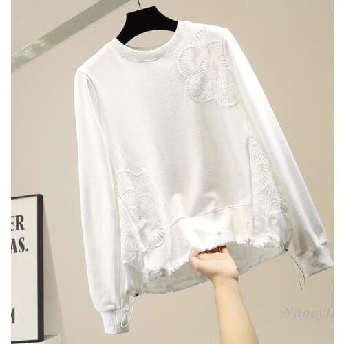 Hoodies Womens Lace Stitching Drawstring Sweatshirt Fashion Design Leisure Loose All-Matching Top Girls Ladies Pullovers