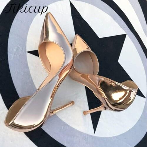 Tikicup Women Gold Patent D'Orsay Pointed Toe Stiletto Pumps Designer Shiny Slip On Extremely High Heel Ladies Wedding Shoes