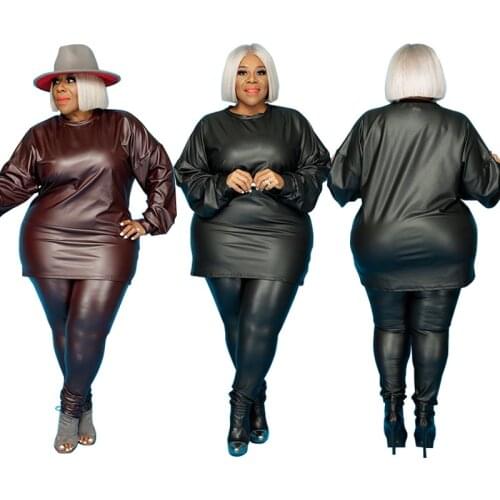 New Plus Size Clothing 5xl Two Piece Outfits Women Leather Pu Top and Pants Leggings Streetwear Tracksuit Wholesale Dropshipping