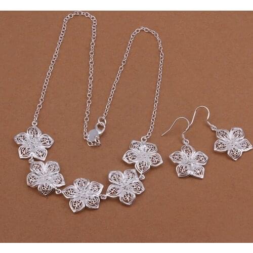 Silver color wedding jewelry charm hollow flower pendant necklace Earrings fashion women Women lady , jewelry Set S451