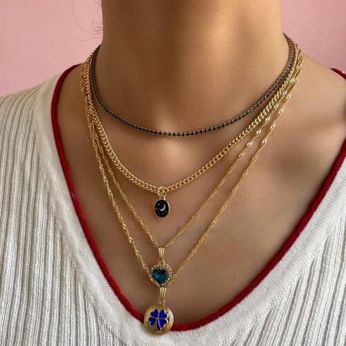 Flatfoosie Multi-layer Blue Love Heart Crystal Pendant Necklace For Women Fashion Moon Star Choker Necklaces New Boho Jewelry