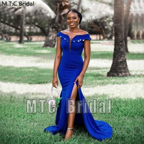 Mermaid Royal Blue African Women Bridesmaid Dresses Side Slit Off Shoulder Shiny Sequin Plus Size Wedding Guest Dress Long Gown