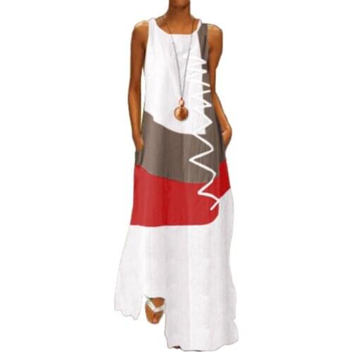 Women Vintage O Neck Sleeveless Color Block Wavy Line Pockets Long Loose Dress Color Block Wavy Line Pockets Long Loose Dress