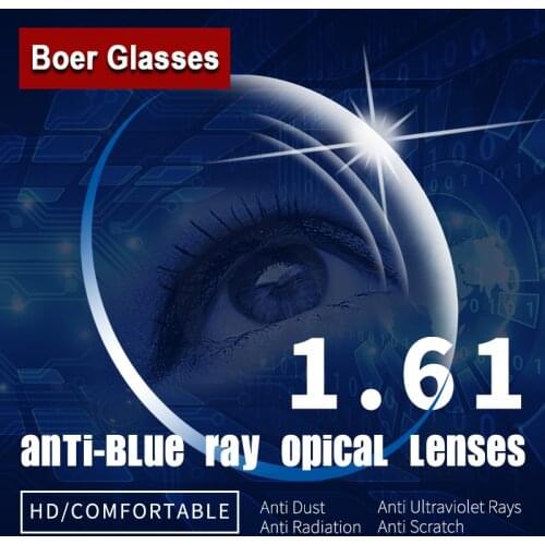 1.61 Anti-Blue Ray Single Vision Aspheric Optical Lenses Prescription Spectacles Eyewear Vision Degree Lens for Eyeglasses Frame
