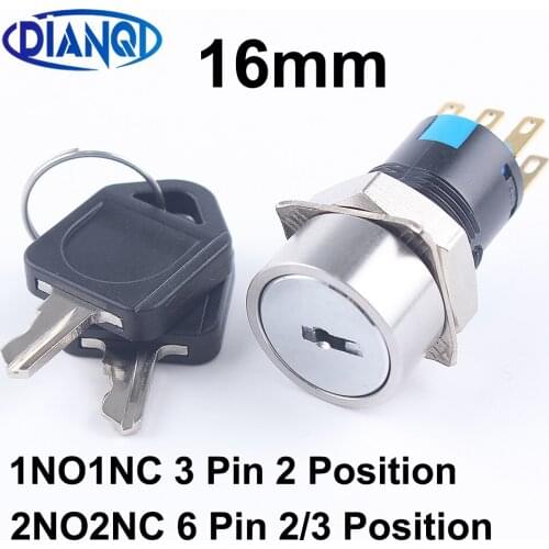 16mm Brass chrome Key Metal Waterproof brass 2/3 position Push Button Switch 1NO1NC/2NO2NC Button press button with two keys