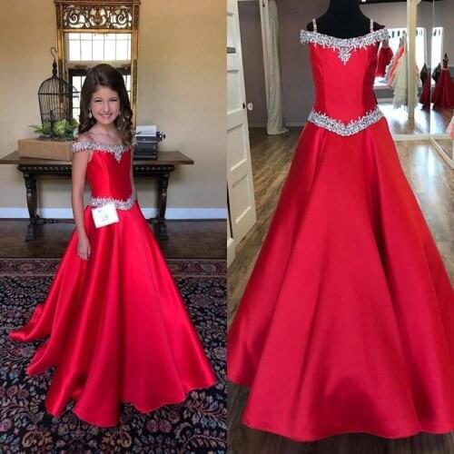 2021 Red Satin Girls Formal Dresses Teens Off The Shoulder Rhinestones Open Back A-line Flower Girl Dress For Wedding Pageant Pa