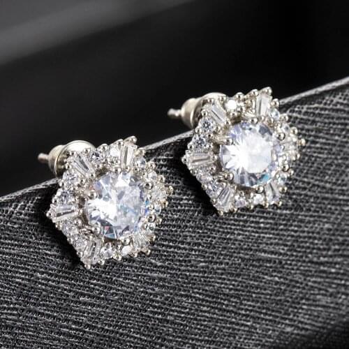 Hot Sale New in Europe and America Luxury Women White Zircon Stud Earrings Hexagonal Engagement Retro Double Earring 2021