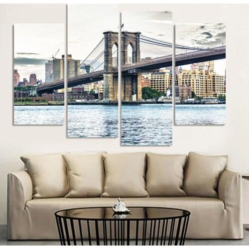 4 Pcs Modern Printed New York Brooklyn Bridge Landscape Painting Picture Home Decor Oil Paintings Wall Canvas Pictures
