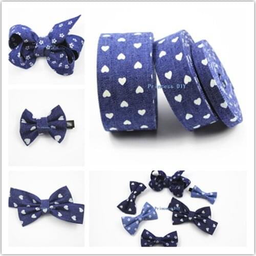 5Meter/Lot 10mm 25mm 40mm Nice Cute Dark Blue Fabric Jean Printed Heart Ribbon Cowboys DIY Hair bow Bowknot Accessories Material