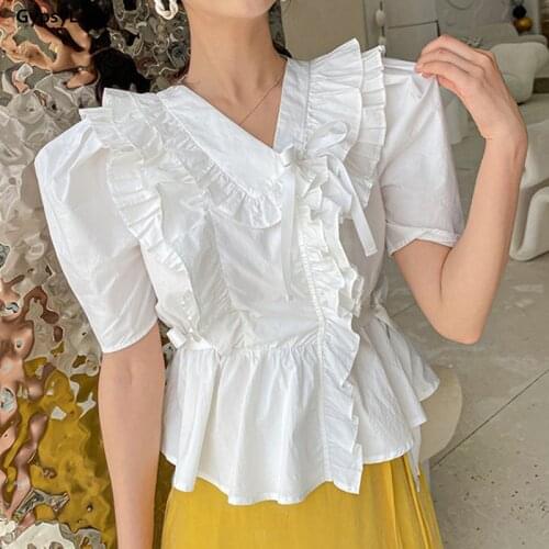 GypsyLady White Ruffles Blouse Shirt 100% Cotton Elegant Summer Blouse Lace Up Belted Tie Lace Up Blouse Women Ladies Top Shirt