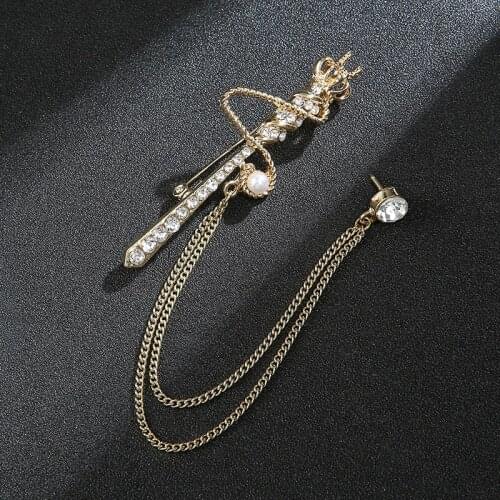 Kings Crown Scepter Brooch Mens Crystal Rhinestone Suit Lapel Pin Western Accessories Tassel Chain Brooch Men Women Jewelry
