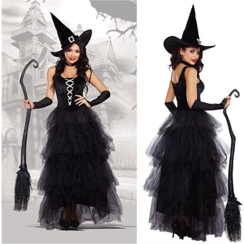 Black Gothic Witch Costume For Adult Women Purim Halloween Cosplay Party Wizards Fancy Dress